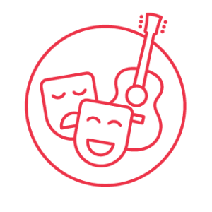 Red icon of comedy face, tragedy face and guitar