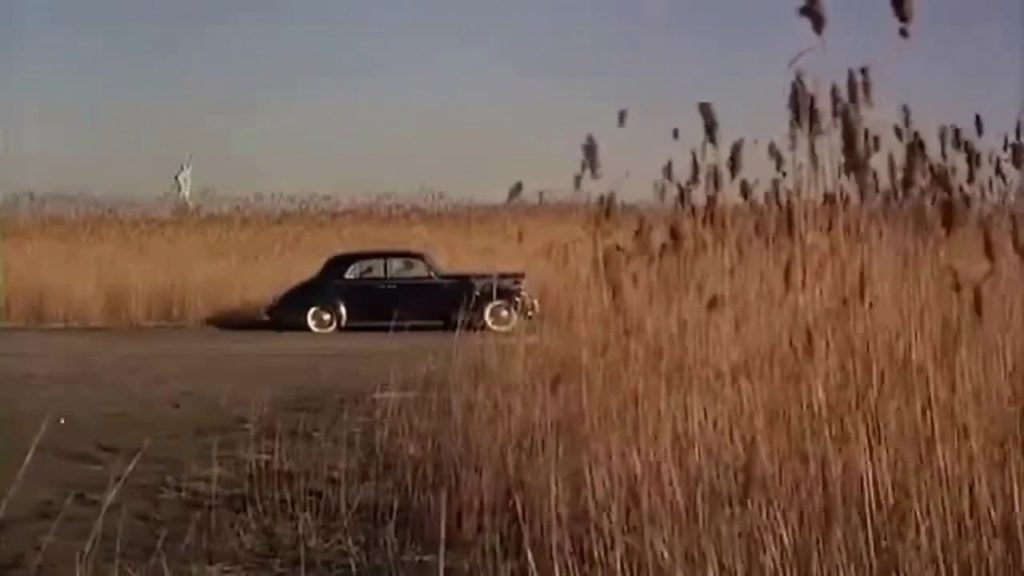 An old car drives down a road that is lined with large wheat strand with blue skys and the statue of liberty in the background.