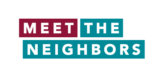 Burgundy and teal logo for Meet the Neighbors video channel.