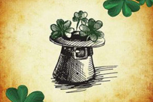 Saint Patrick's Day graphic with a leprechauns hat full of shamrocks.