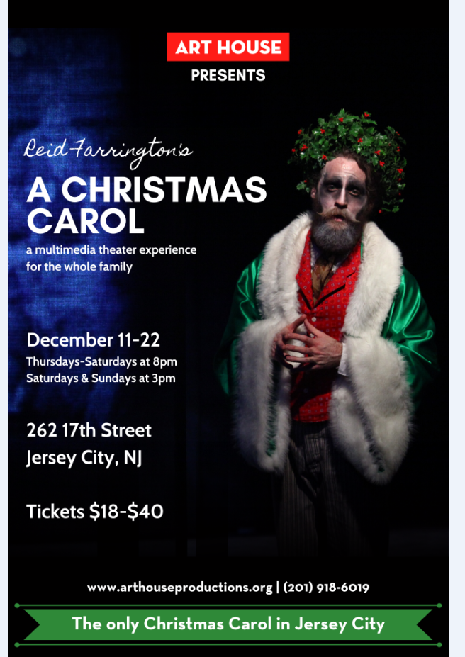 The Christmas Carol event flyer for Art House Productions December 11th-22nd 2019.