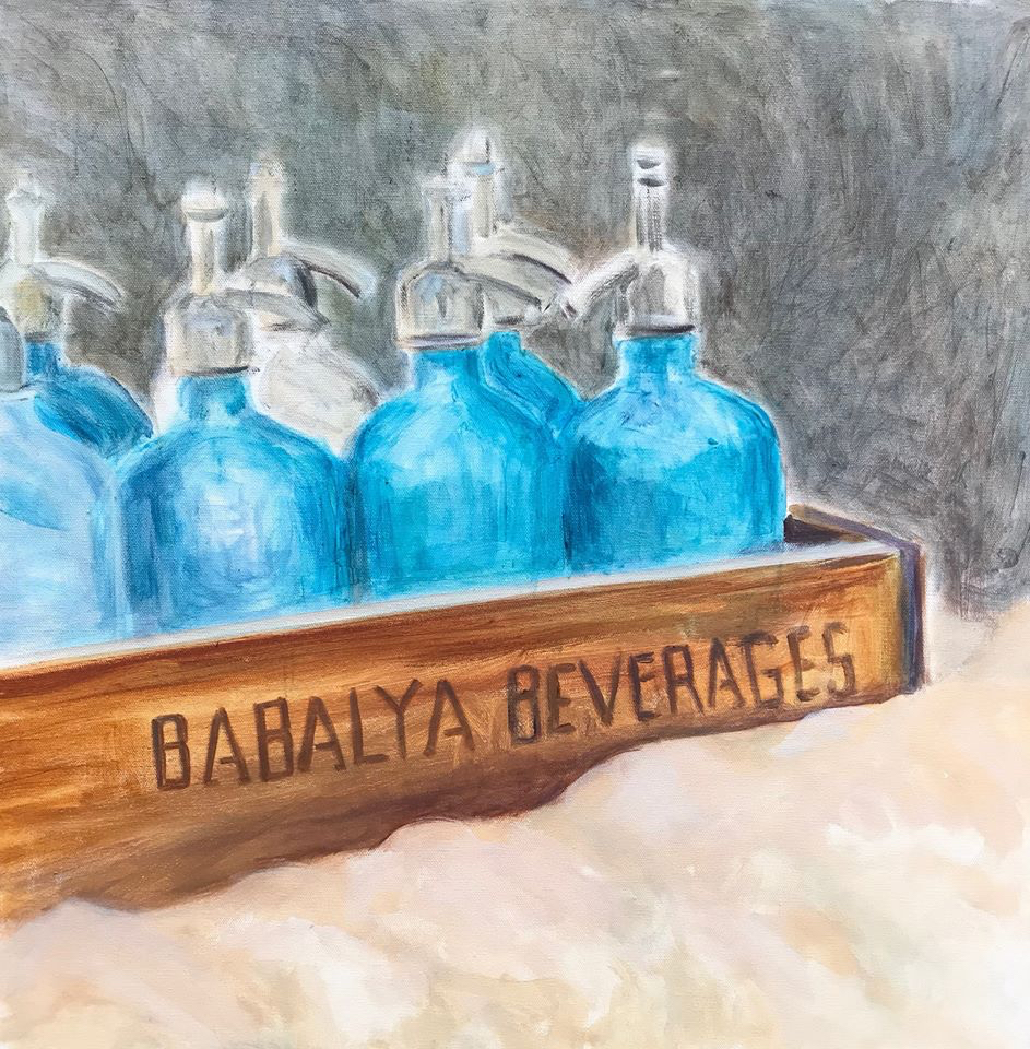 painting of blue bottles in crate labeled "Babalya Beverages"