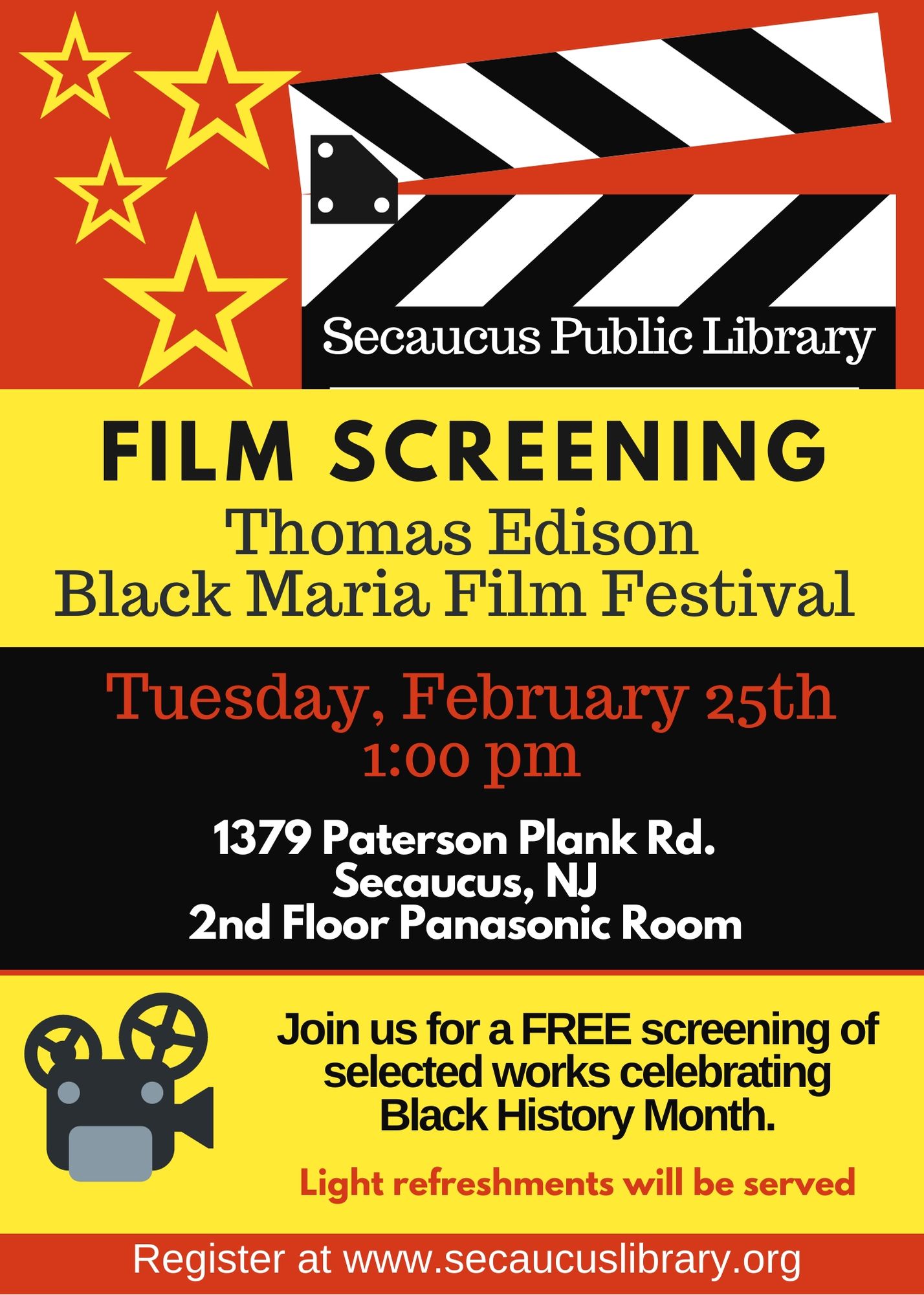 Flyer for Secaucus Public Library Film Screening Thomas Edison Black Maria Film Festival; Tuesday February 25th 1PM