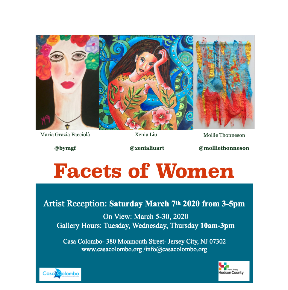 Flyer for Facets of Women Artist Reception and Gallery; Saturday March 7th 2020 from 3-5pm; On View: March 5-30,2020; Gallery Hours: Tuesday, wednesday, Thursday 10-3pm