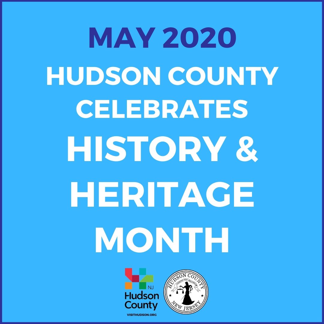 blue graphic square with Hudson County seal and logo; May 2020 Hudson County Celebrates History and Heritage Month