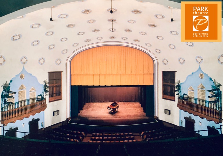 Park theatre performing arts center logo over picture of theatre stage