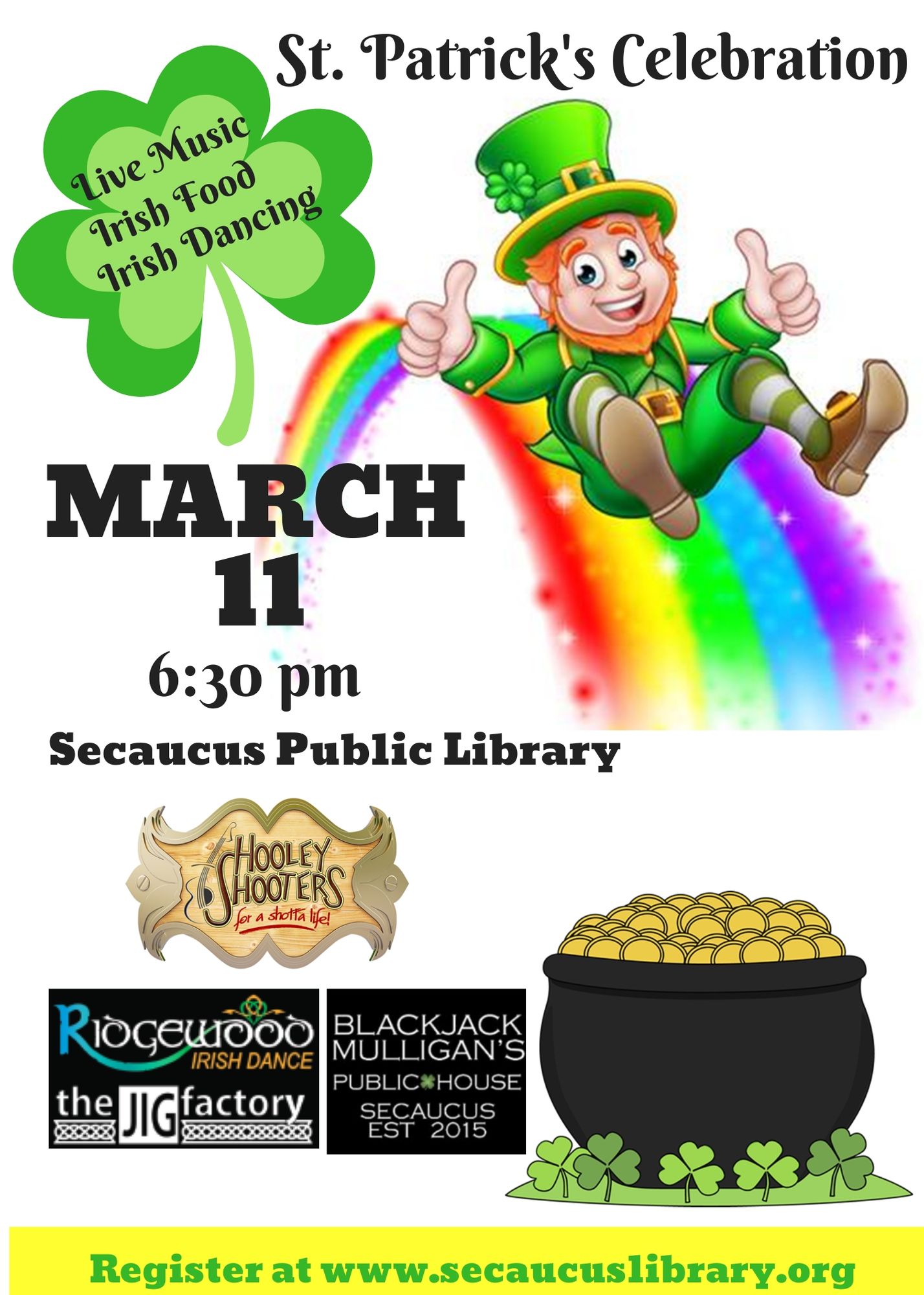 Flyer for St. Patrick's Celebration at Secaucus Library; March 11th 6:30PM