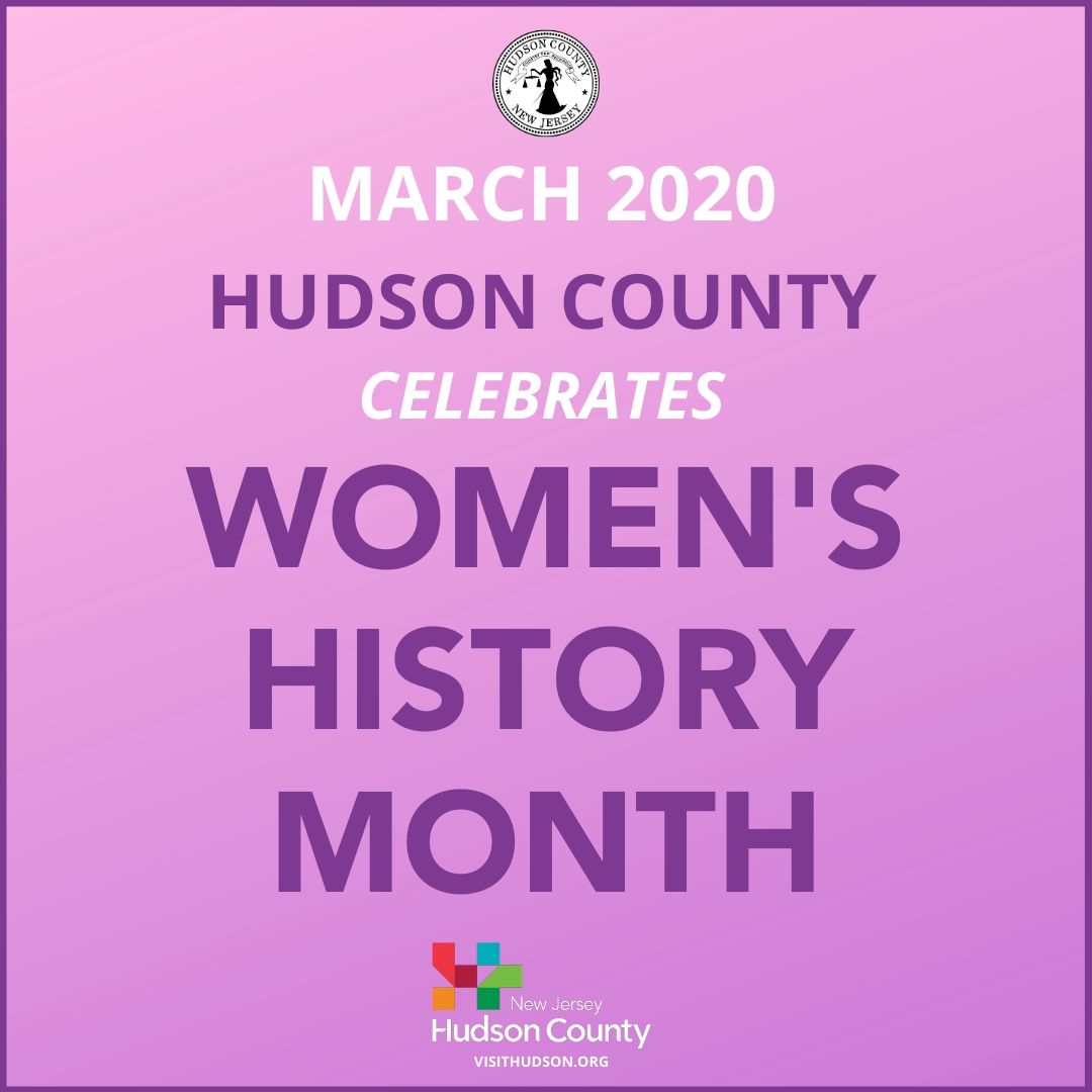pink graphic square with Hudson county seal and logo; march 2020 hudson county celebrates women's history month