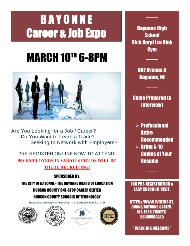 Flyer for Bayonne Career 7 Job expo 2020