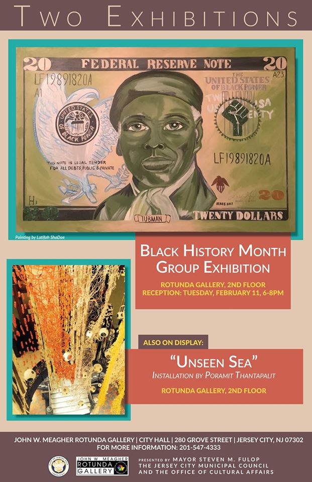 Two Exhibitions; Black History Month Group Exhibition, Rotunda Gallery, 2nd Floor, Reception: Tuesday, February 11, 6-8pm; Also on Display: Unseen Sea, installation by Poramit Thantapalit, rotunda gallery, 2nd floor