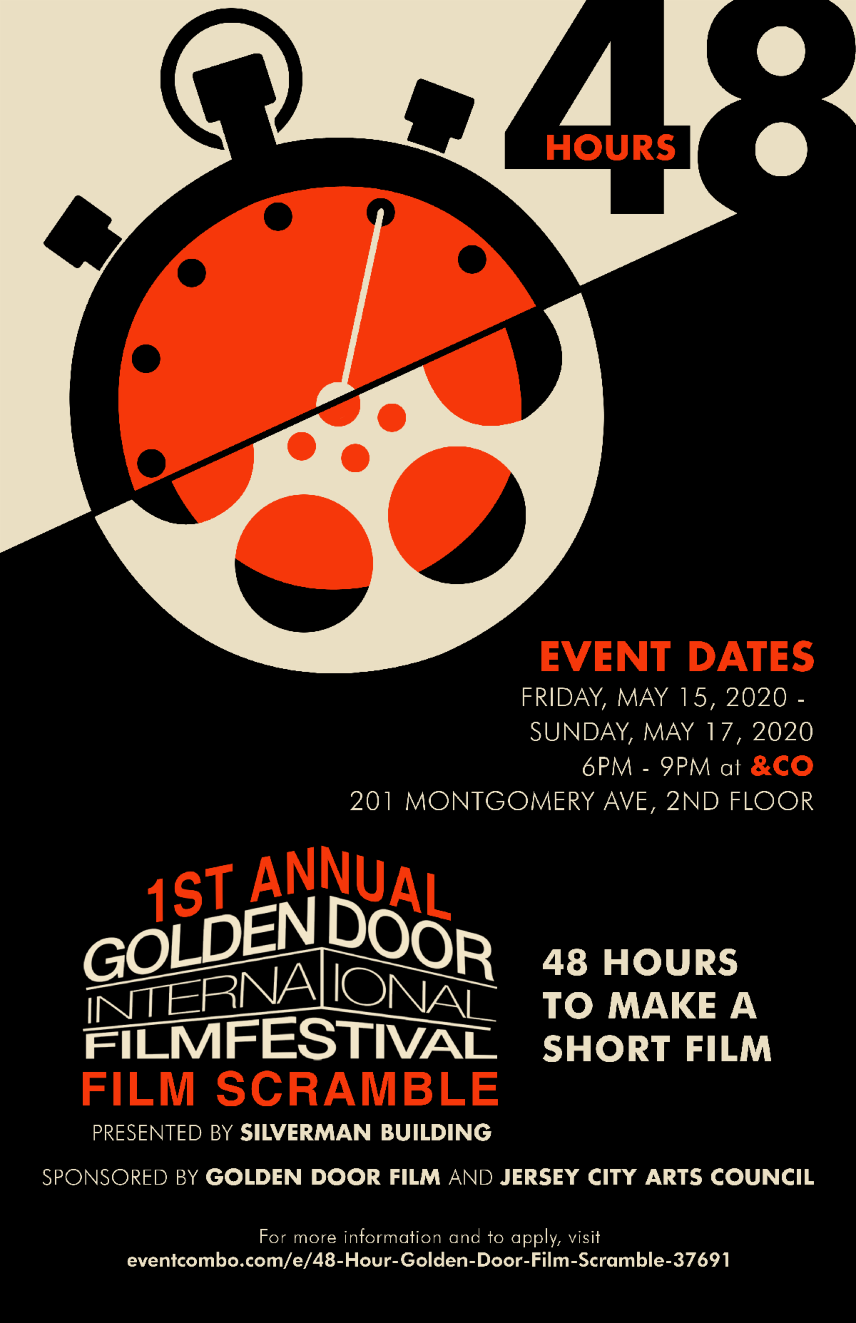 flyer for 1st annual golden door international film festival film scramble; event dates: friday, may 15th 2020-Sunday May 17th 2020 6pm-9pm at &CO 201 Montgomery Ave, 2nd Floor