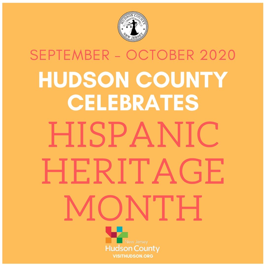 Orange square with Hudson County seal and logo; September - October 2020 Hudson County Celebrates Hispanic Heritage Month