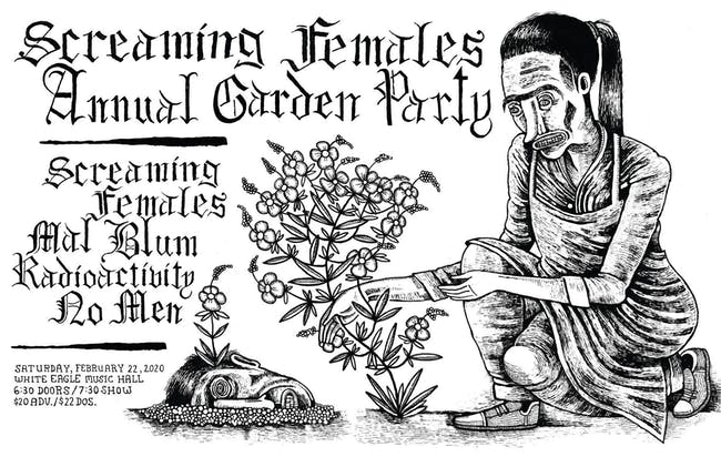 Screaming Females Annual Garden Party, Saturday February 22, 2020 White eagle music hall 6:30 doors/7:30 show $20 adv./$22 dos; illustration of woman kneeling with flowers