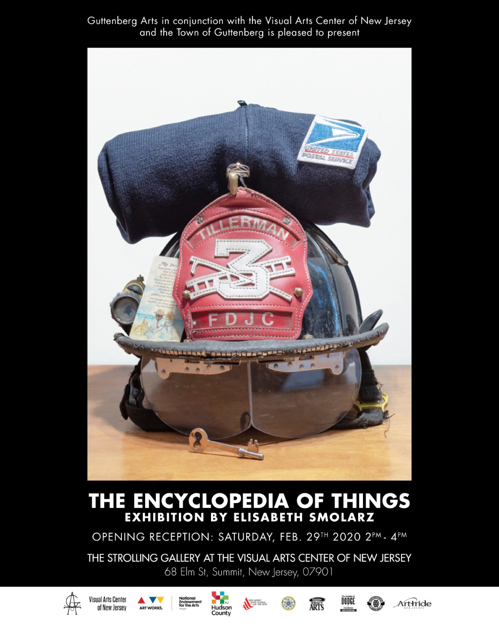 Flyer for the Encyclopedia of Things; Exhibition by Elisabeth Smolarz, opening reception saturday feb 29th 2020 2pm -4pm, the strolling gallery at the visual arts center of new jersey; image of art piece from exhibit