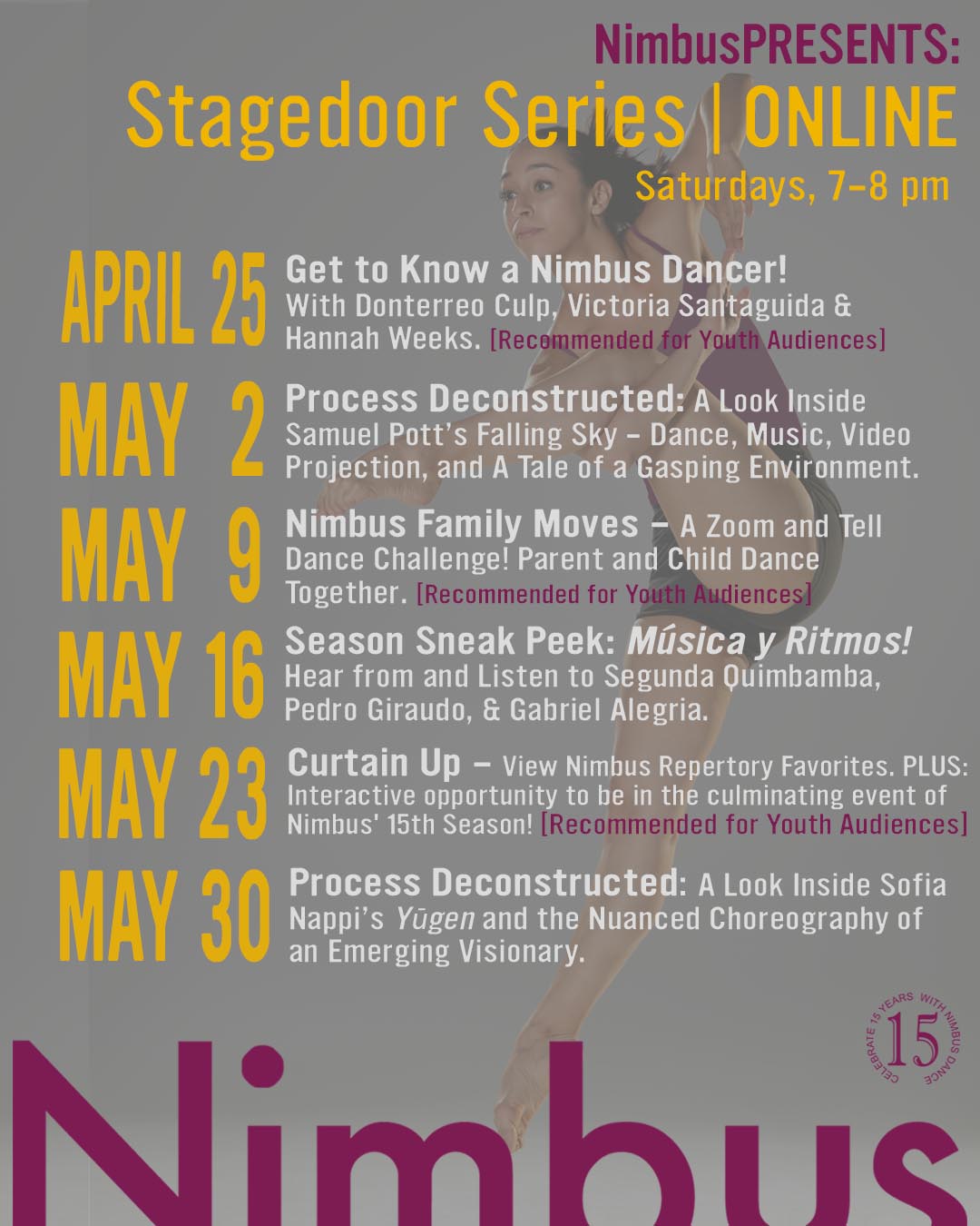 Nimbus Presents Stagedoor Series online schedule; Saturdays 7-8PM;