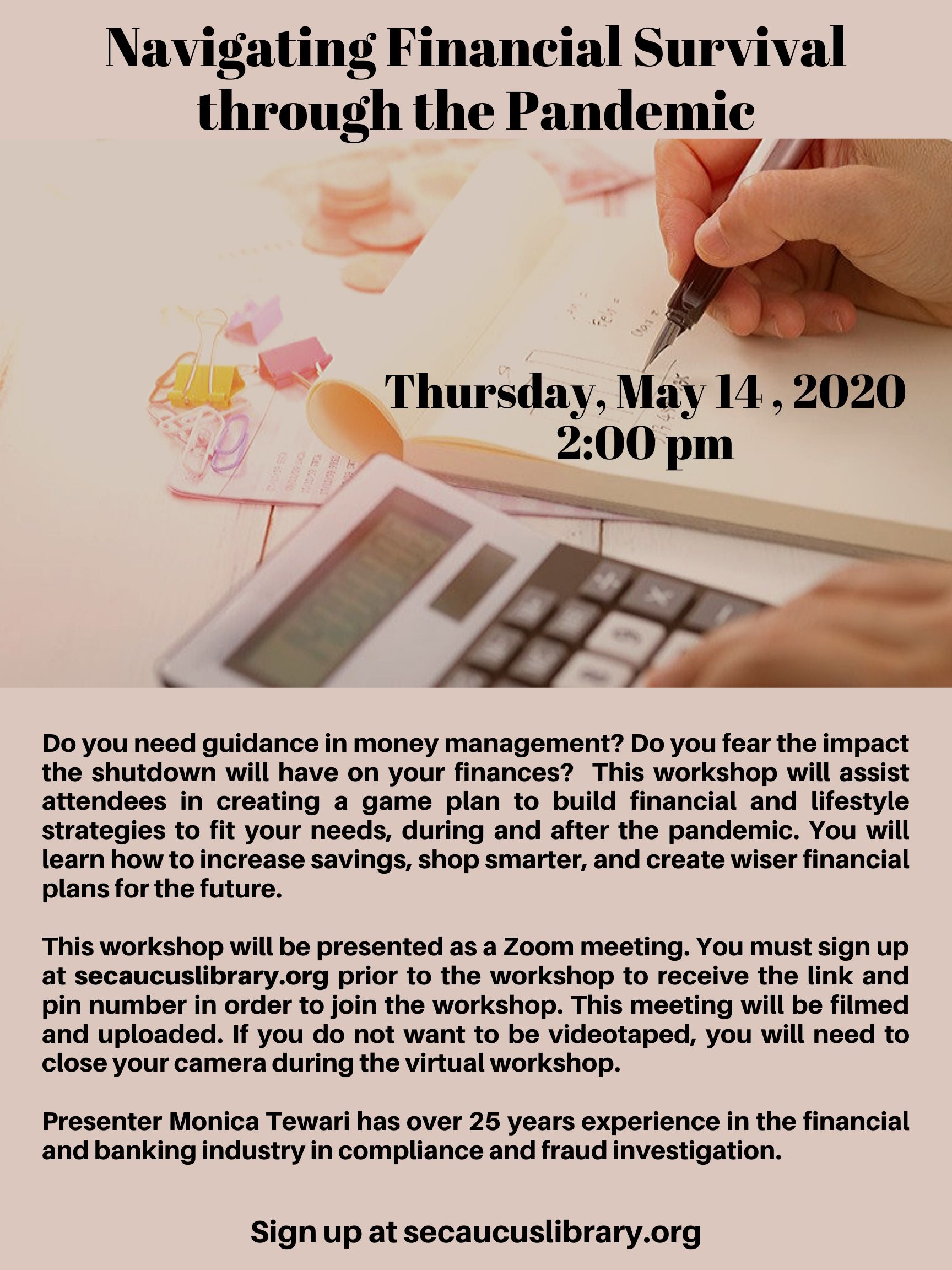 Flyer for webinar; Navigating Financial Survival through the Pandemic, Thursday May 14 2020 2PM