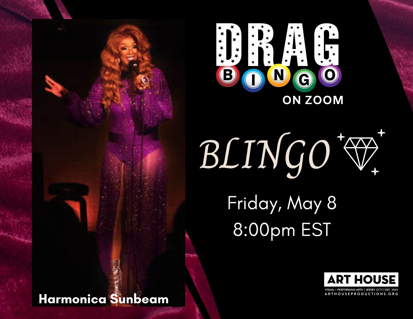 social flyer for Drag Bingo on Zoom; Blingo, Friday May 8 8pm EST