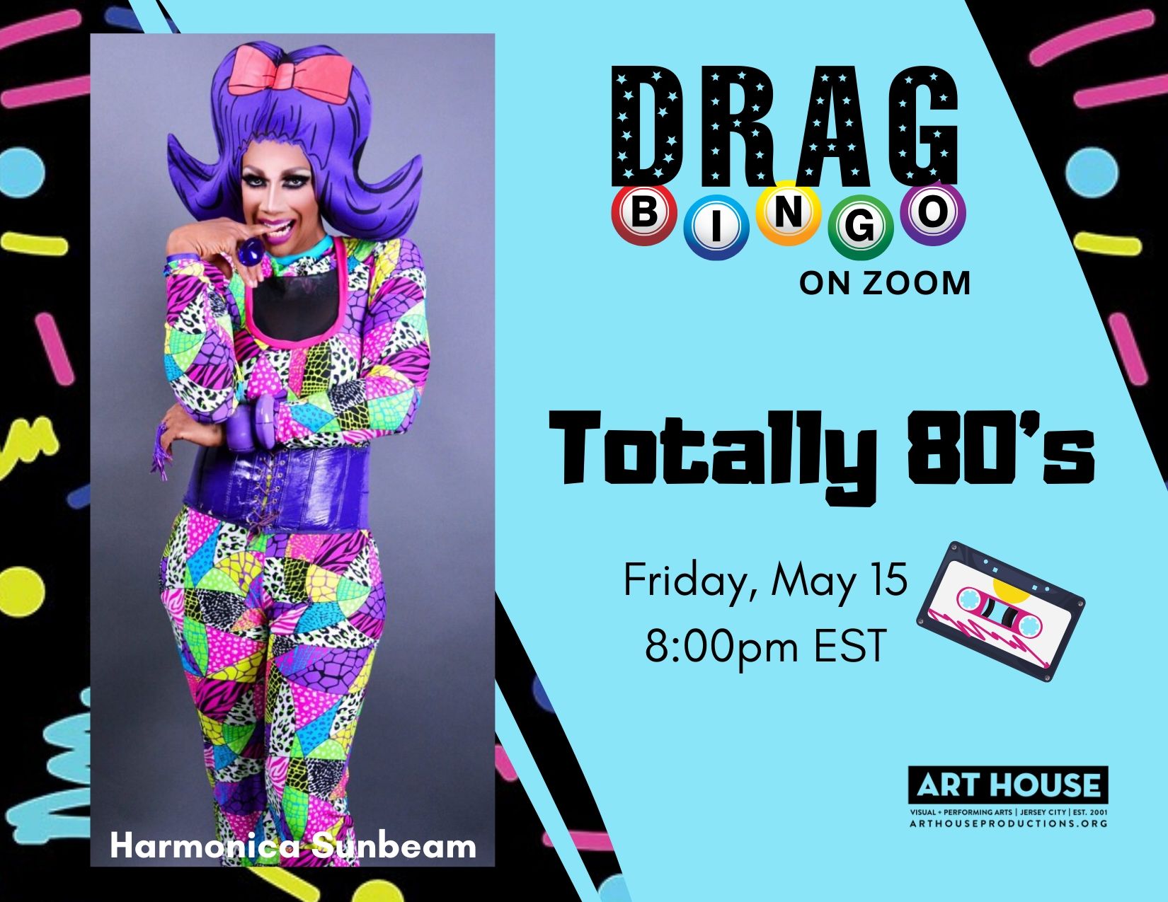 social flyer for Drag Bingo on Zoom; Totally 80's, Friday May 15 8pm est