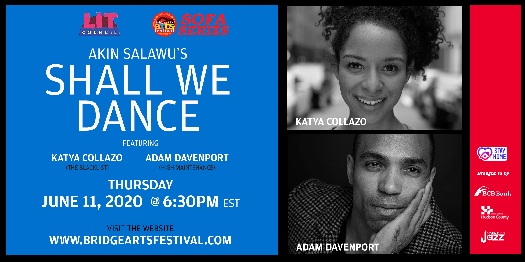 Flyer for Akin Salawu's Shall We Dance featuring Katya Collazo and Adam Davenport; Thursday June 11, 2020 @ 6:30 Pm EST; Headshots of the two lead actors