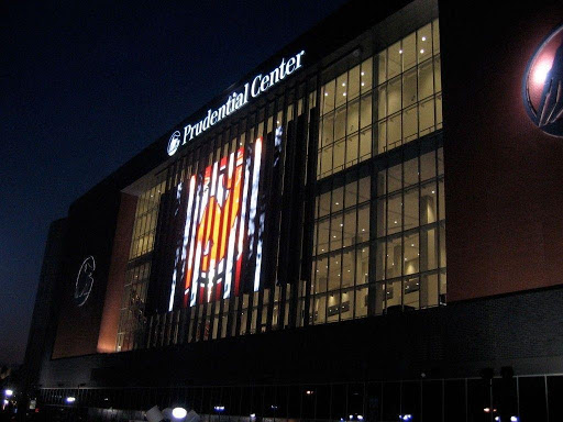 View of outside the Prudential Center at night