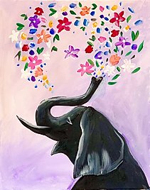 painting of and elephant blowing out flower petals from their trunk