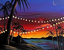 painting of string lights on palm trees on the beach with a sunset