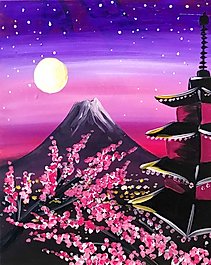 painting of mountain, cherry blossoms and japanese temple