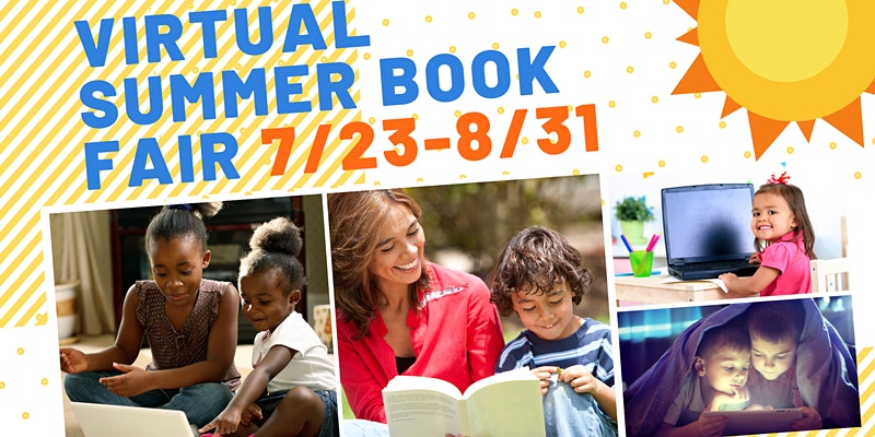 flyer with stock photos of people reading; Virtual Summer Book Fair; 7/23- 8/31