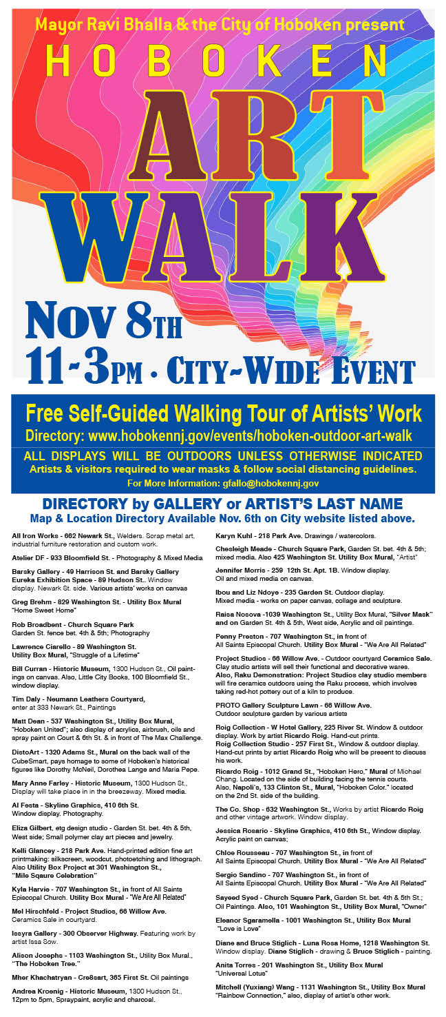 Brochure for Hoboken Art Walk 2020; Nov 8th, 11-3pm 2020