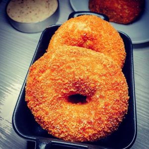 Mashed potato rings with dipping sauce