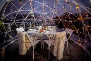 Restaurant dining table and chairs in a dome 