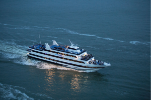 aerial view of ferry on the hudson river