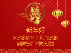 "Happy Lunar New Year!" against red and gold background