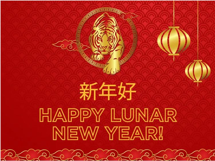 "Happy Lunar New Year!" against red and gold background