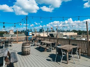 Atop the patio with the view of a beautiful sunny day at 902 Brewing Company in Jersey City, NJ