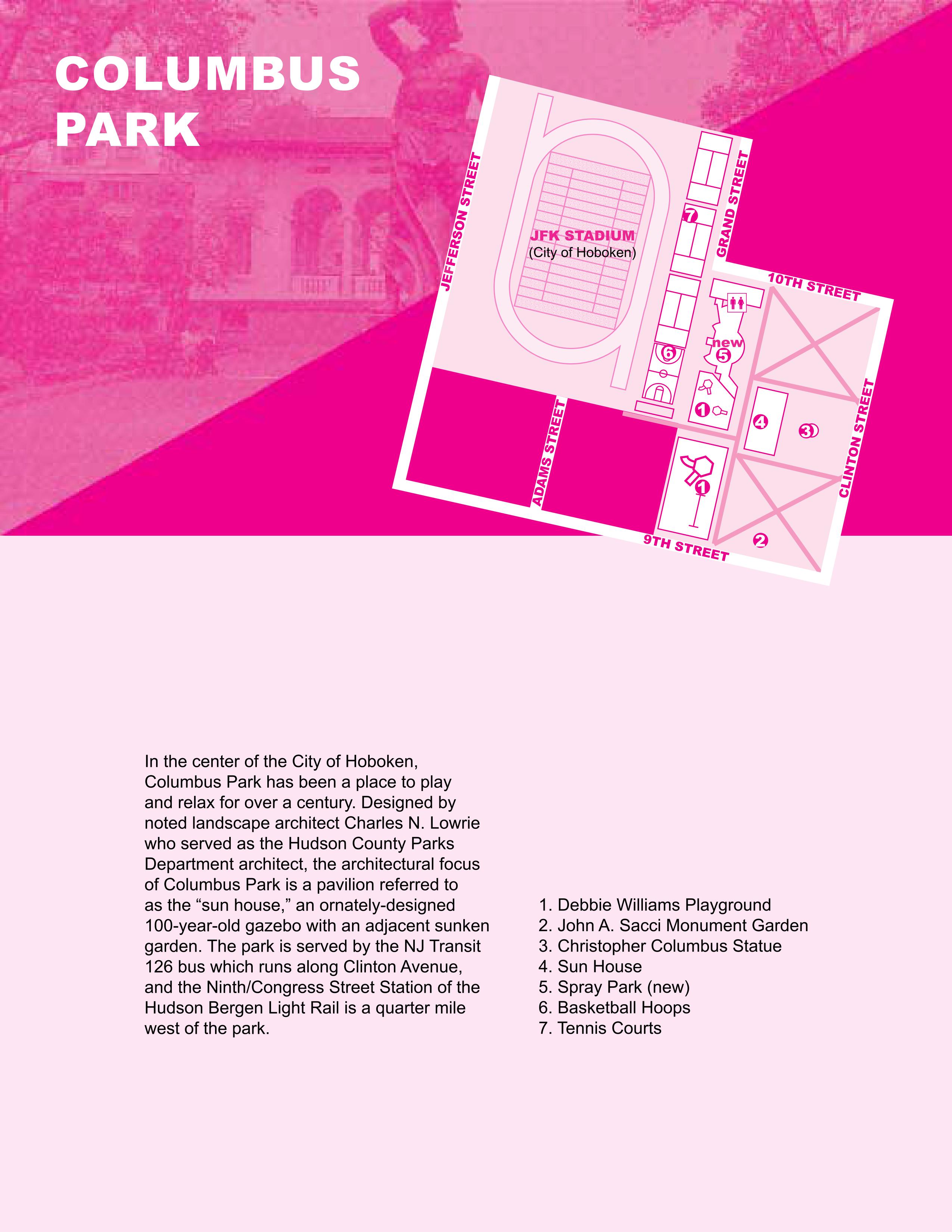 Detailed map of Columbus Park in hot pink and light pink