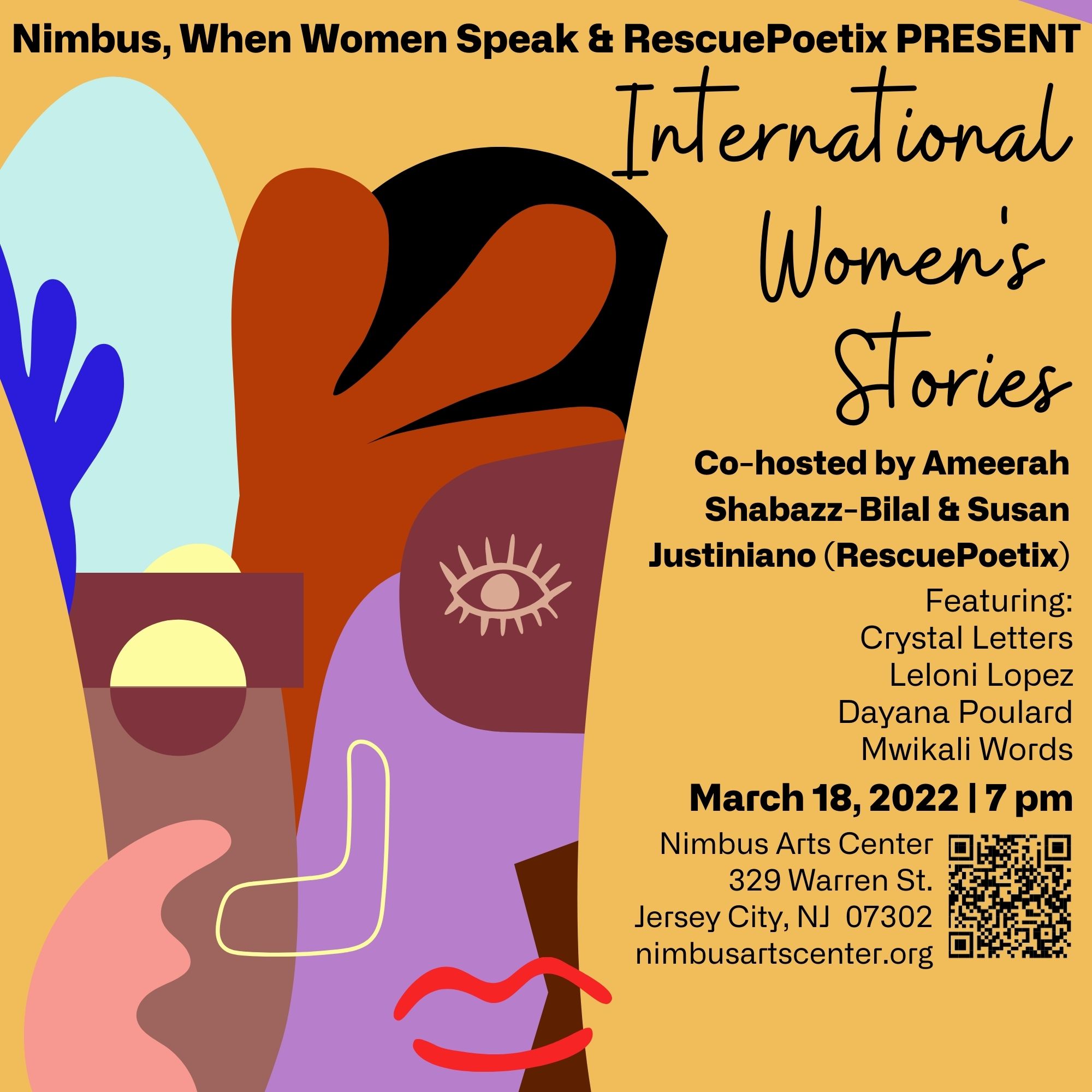 artsy clip art with event information for "International Women's Stories"; March 18th, 2022, 7PM