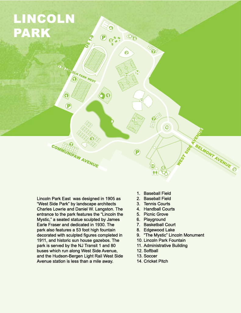 Green map outlining points of interest at Lincoln Park in New Jersey