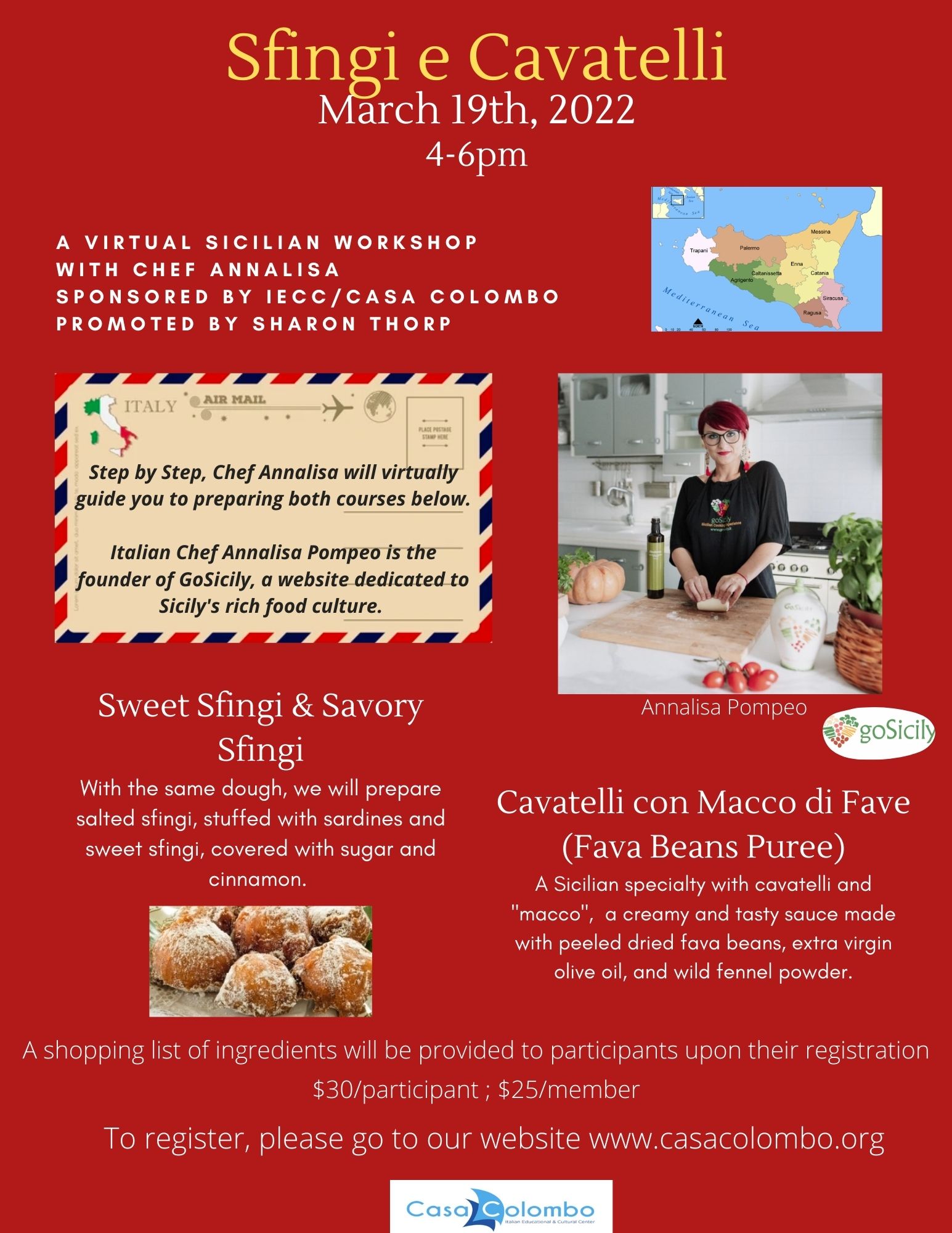 Flyer for Sfingi e Cavatelli: A virtual sicilian workshop with chef Annalisa Sponsored by IECC/Casa Colombo; March 19th ,2022, 4-6PM