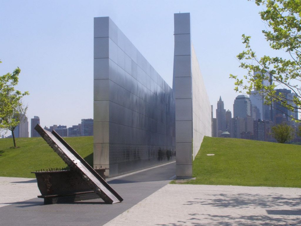 Empty Sky Memorial, Liberty State Park, NJ with a view of the city in the background 