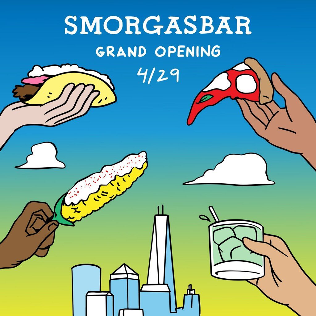 Flyer for Smorgasbar Grand opening on April 29th with clip art of hands holding food