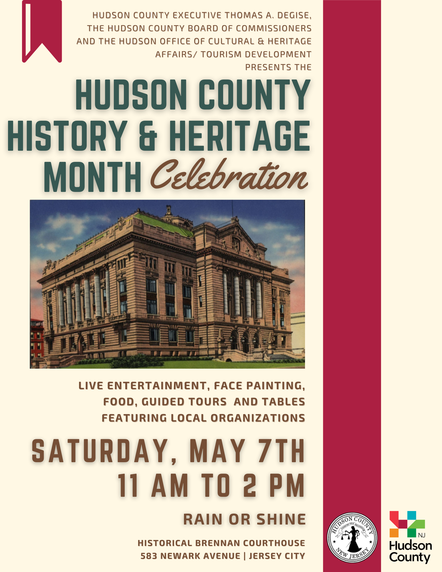 Flyer for hudson county history & heritage month celebration may 7th 2022
