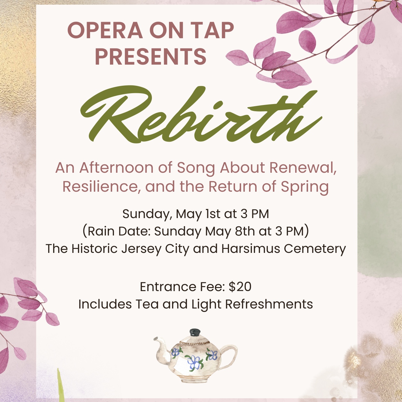 social flyer for Rebirth an afternoon of song about renewal, resilience, and the return of spring May 1st 2022