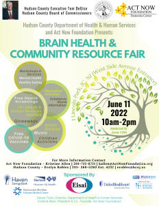 Flyer for Brain & Health Community Resource Fair; June 11th 2022 10am-2pm, rain date June 12th