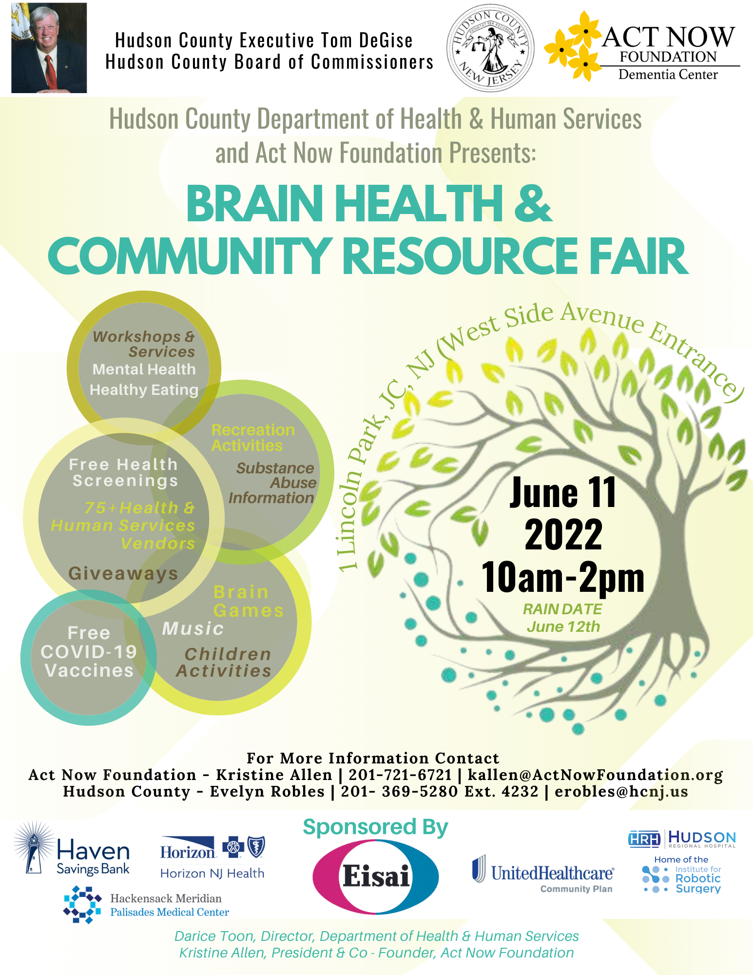 Flyer for Brain & Health Community Resource Fair; June 11th 2022 10am-2pm, rain date June 12th