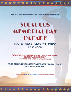 Secaucus Menorial Day Parade flyer; Saturday, May 21st, 2022 12 noon