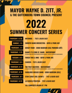 Flyer for the Guttenberg's 2022 Summer Concert Series