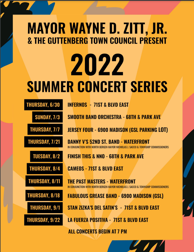 Flyer for the Guttenberg's 2022 Summer Concert Series