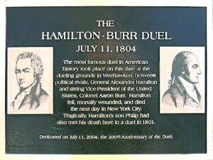 Plaque that describes the The Hamilton - Burr Duel on July 11th, 1804