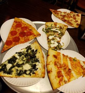 5 slices of different types of pizza